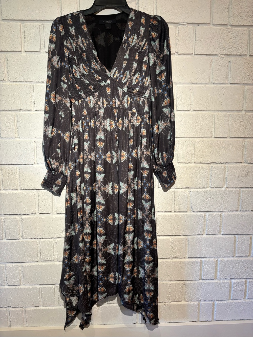 AllSaints Black Butterfly design V-Neck Long Sleeve Midi Dress